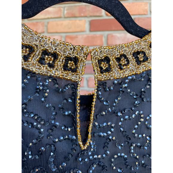 Vintage, Scala, 100% Silk Blouse, Fully Beaded & Sequins, Black, Petite Medium - Picture 7 of 8